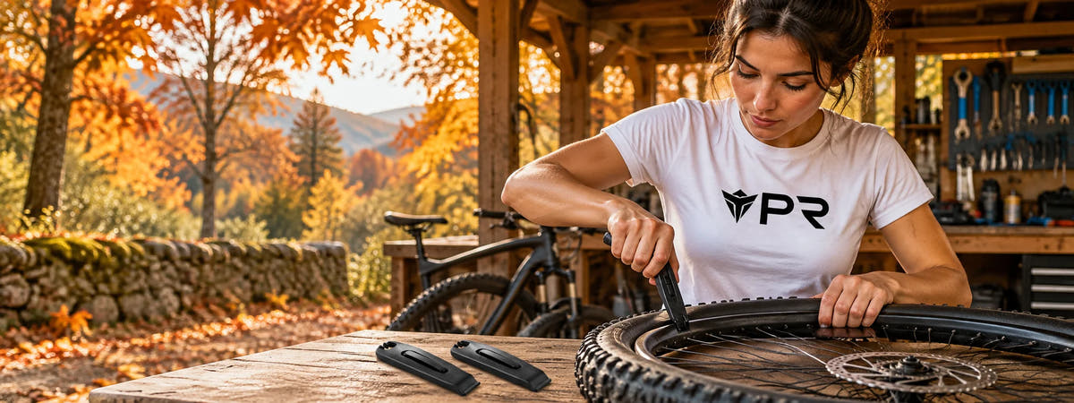 A person in a white Punk Ride logo T-shirt lifting a tyre bead off a detached bicycle wheel using one exact black psler tyre lever, with the other two laid naturally on a bench in an autumn setting. Desktop collection banner.