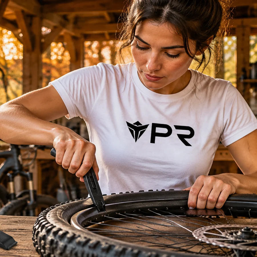 A person in a white Punk Ride logo T-shirt lifting a tyre bead off a detached bicycle wheel using one exact black psler tyre lever, with the other two laid naturally on a bench in an autumn setting. Mobile collection banner.