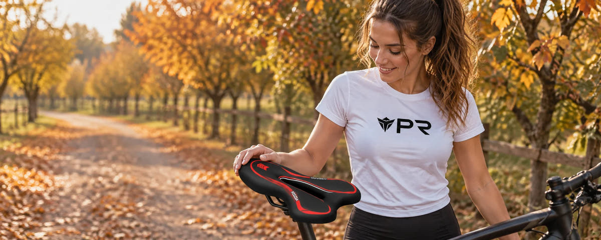 Woman in a white Punk Ride T-shirt adjusting a red and black bicycle saddle in an autumn orchard.