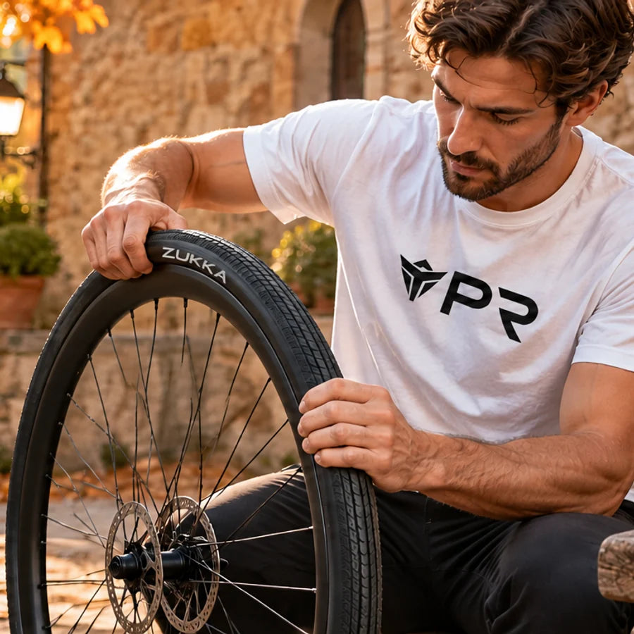 A person in a white Punk Ride logo T-shirt installs a black ZUKKA 700x28C tyre on a bicycle wheel in an autumn setting. Mobile collection banner.