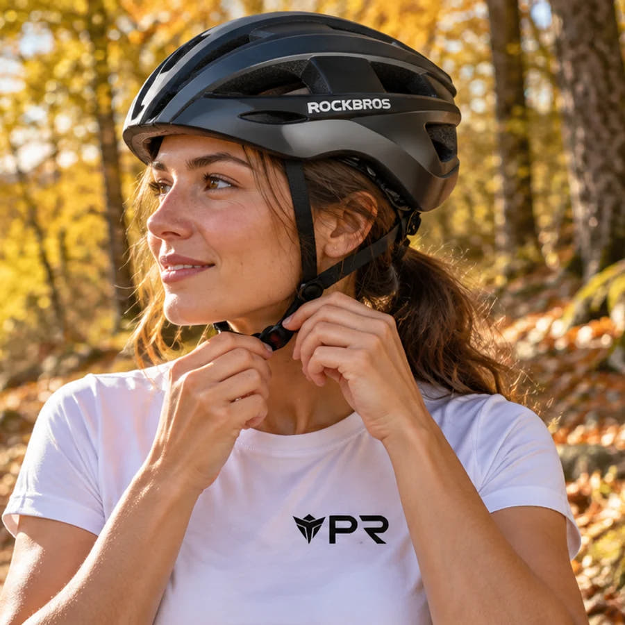 Woman in a white Punk Ride T-shirt adjusting a black ROCKBROS helmet on an autumn woodland trail.