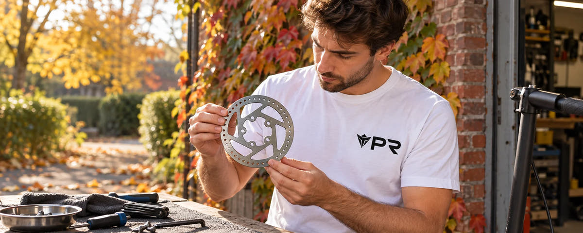 Rider in a white Punk Ride T-shirt inspecting a silver replacement scooter brake rotor at an autumn workshop.
