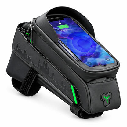 Black bicycle top-tube phone bag with green trim on a white background; phone shown for illustration