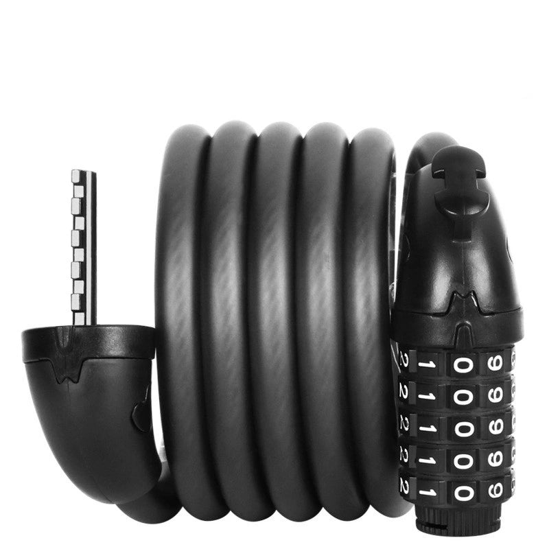 Black coiled bicycle cable lock with combination dials