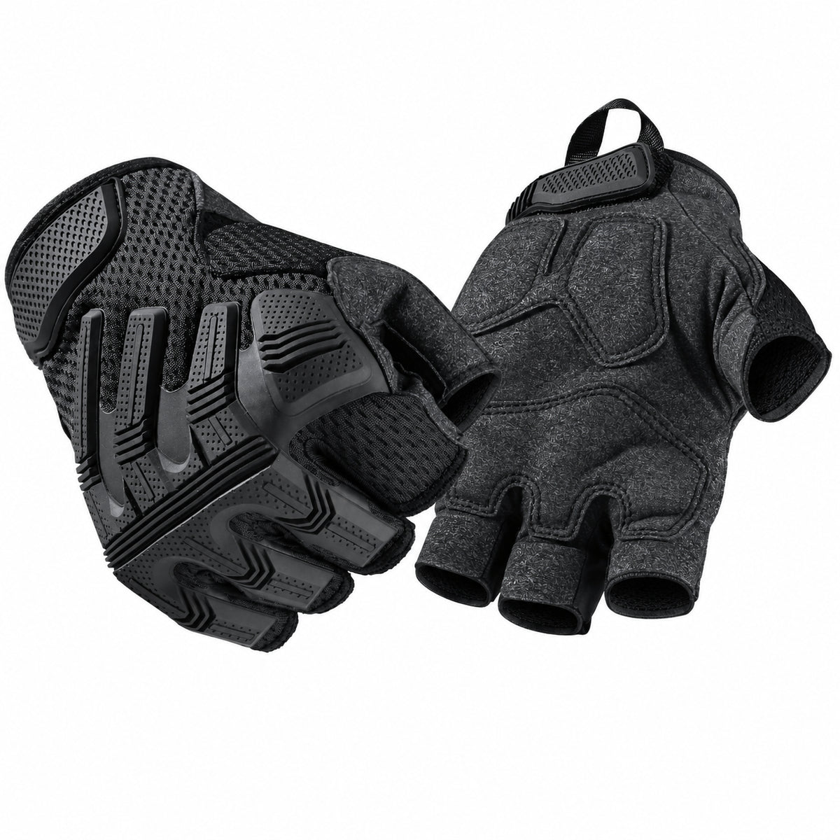 Black half-finger riding gloves back and palm views on white background