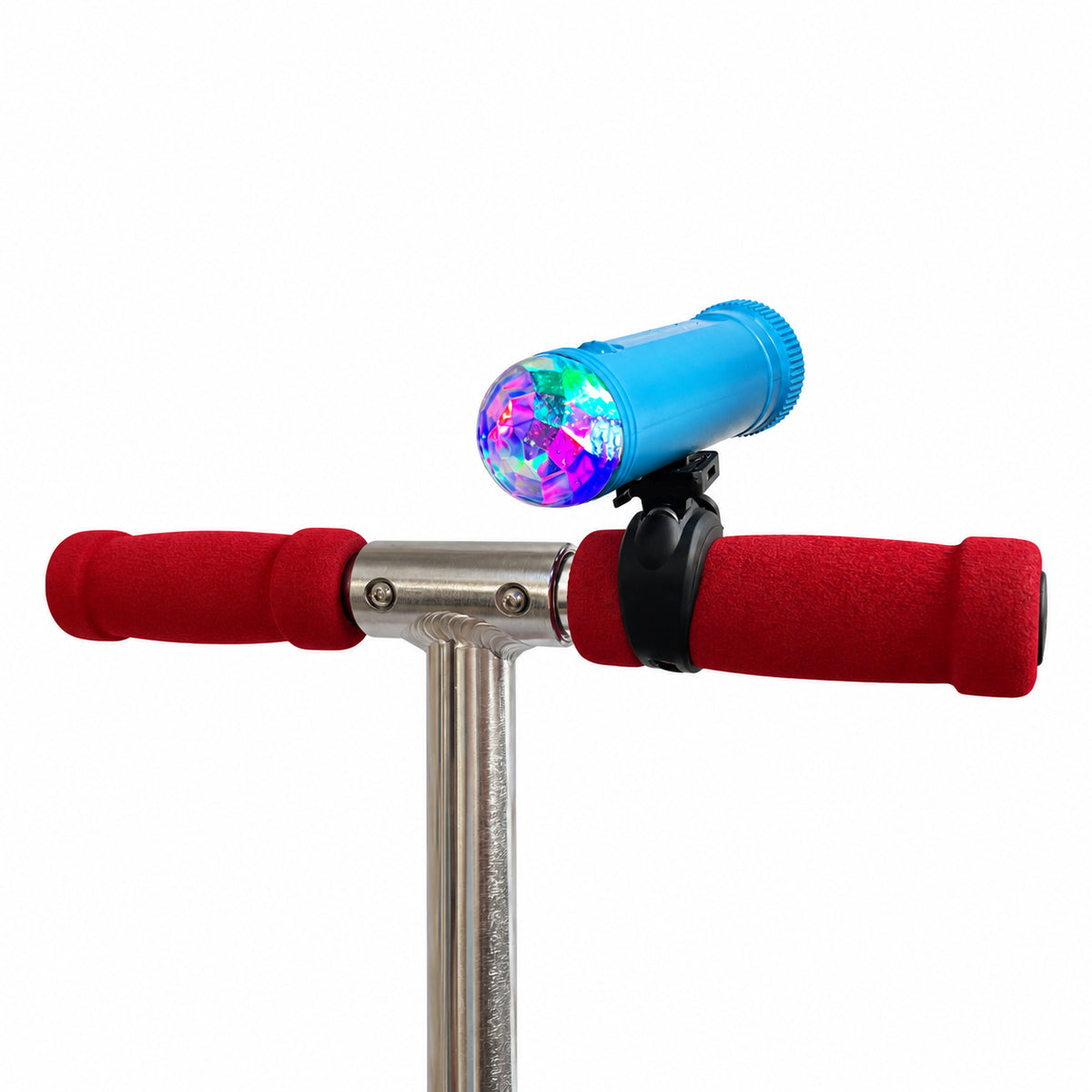 Blue scooter light mounted on handlebar on white background