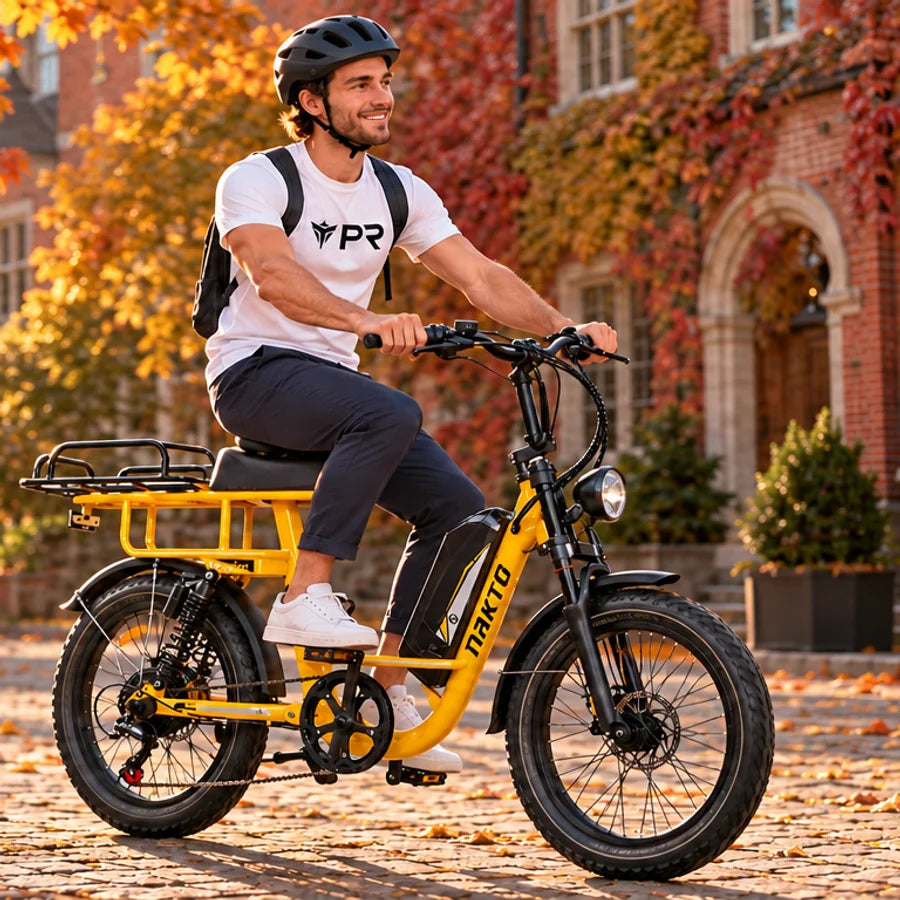 A helmeted rider wearing a white Punk Ride logo T-shirt rides a yellow NAKTO F4 cargo electric bike through a sunlit autumn courtyard. Mobile collection banner.