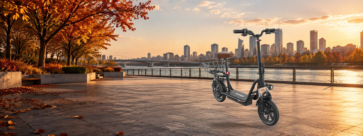 ISCOOTER i12 Electric Scooter in an autumn setting for Commuter Electric Scooters