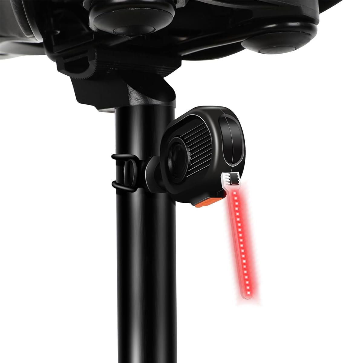 Red USB rechargeable bicycle tail light mounted beneath a bicycle saddle on a white background