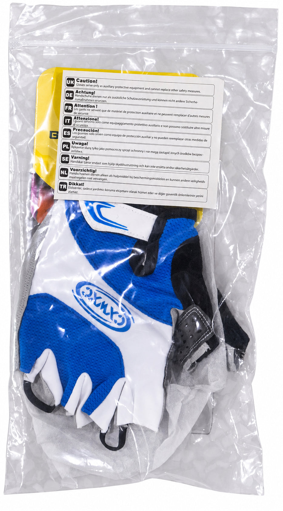 CXWXC blue and white cycling gloves in original clear retail packaging on white