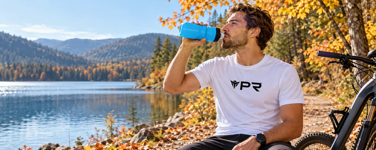 Rider in a white Punk Ride T-shirt drinking from a blue cycling bottle beside an autumn lake.