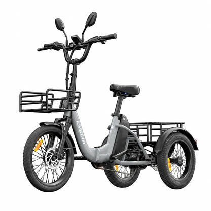 Grey CYSUM AG1 Pro folding electric tricycle with front basket and rear cargo platform, isolated on a white background