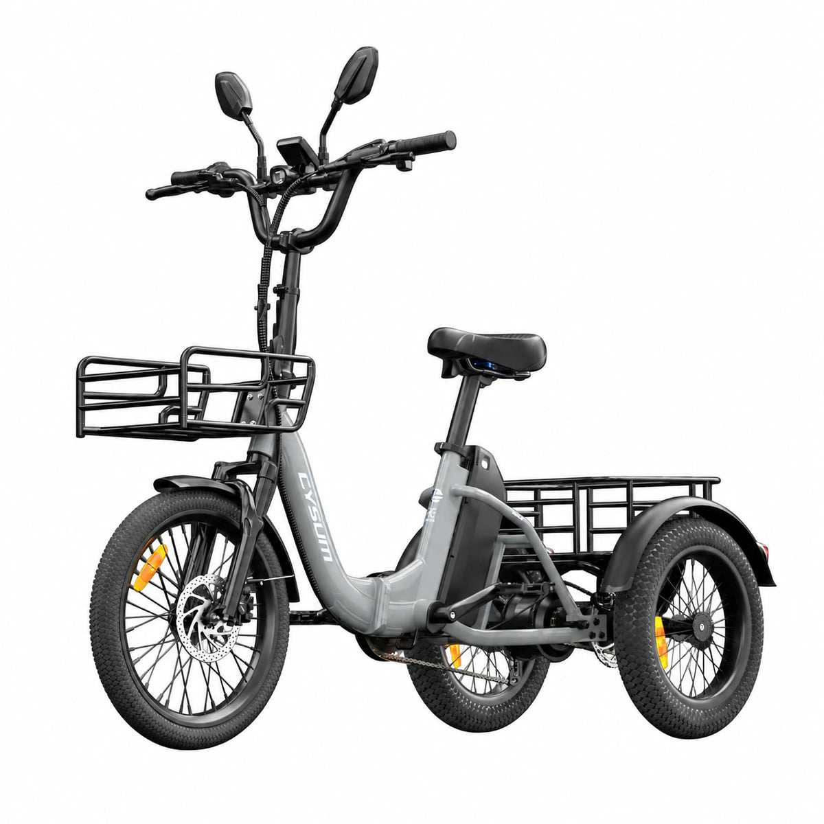 Grey CYSUM AG1 Pro folding electric tricycle with front basket and rear cargo platform, isolated on a white background
