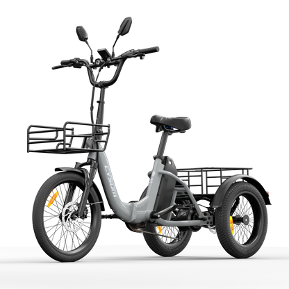 Grey CYSUM AG1 Pro electric tricycle with front basket, rear cargo platform and three wheels