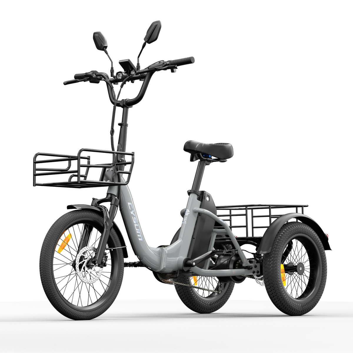 Grey CYSUM AG1 Pro electric tricycle with front basket, rear cargo platform and three wheels