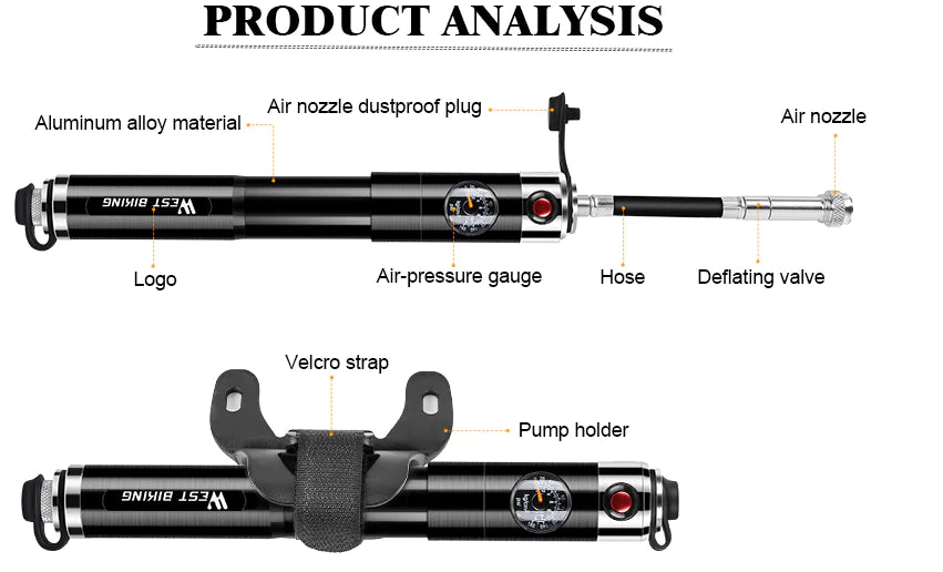 Mini High Pressure Bicycle Pump with Pressure Gauge
