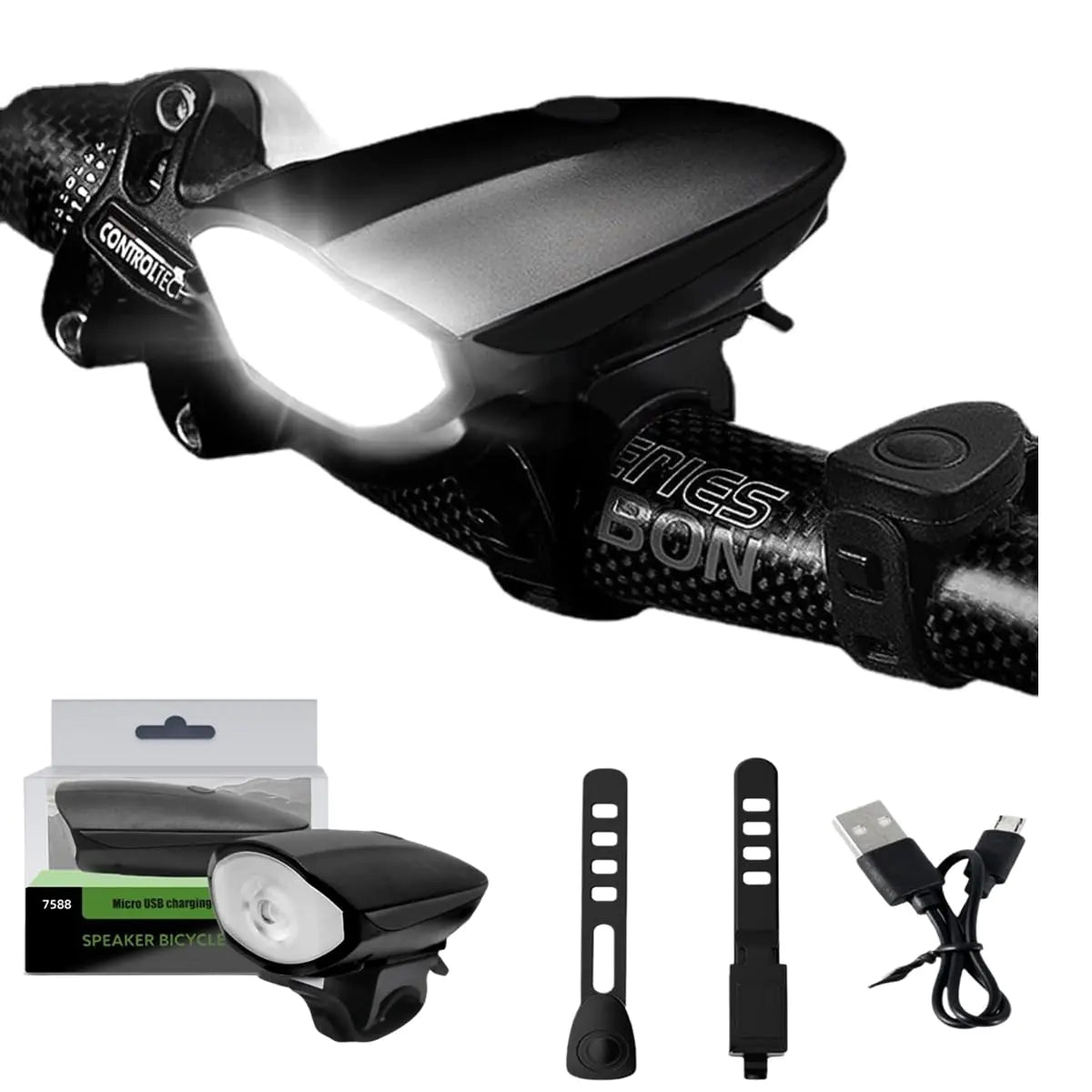Bicycle Light and Bell Set High Lumens Bike Headlight with Horn USB Rechargeable and Waterproof (Black)