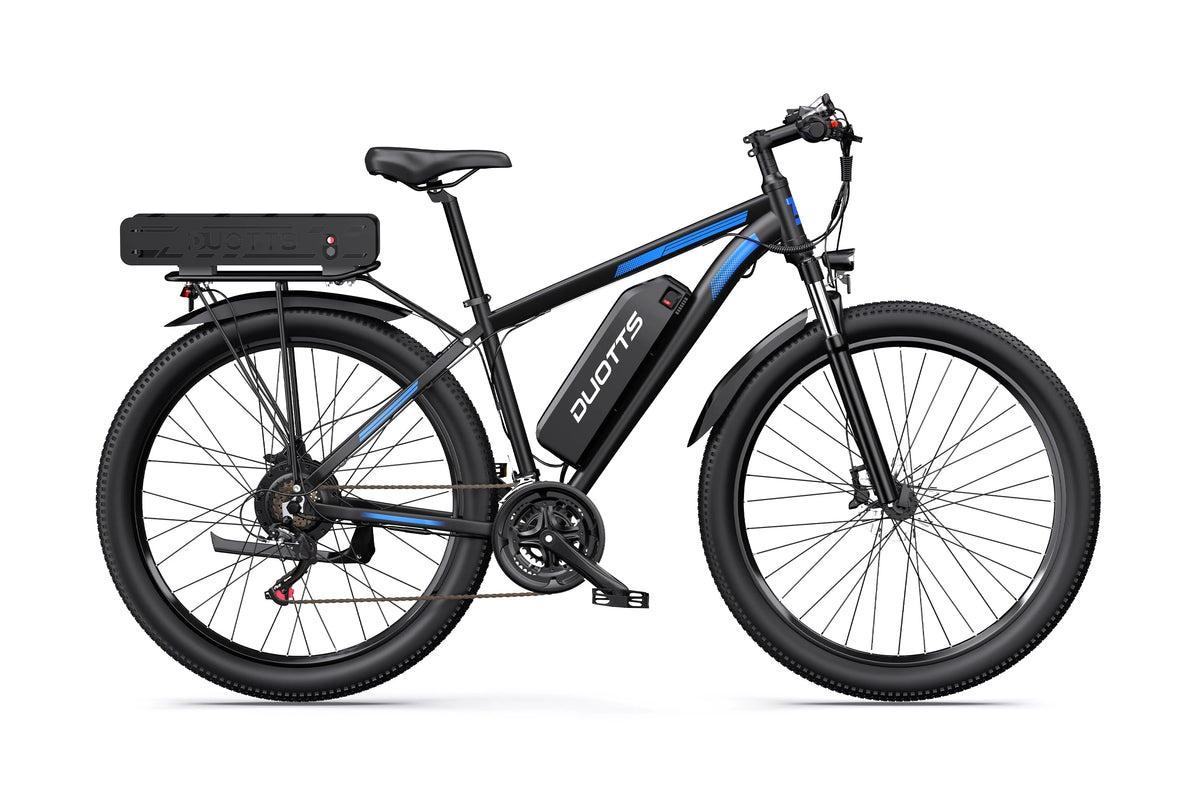 DUOTTS C29-K black-and-blue electric bike with frame-mounted and rear-rack batteries, right-side view