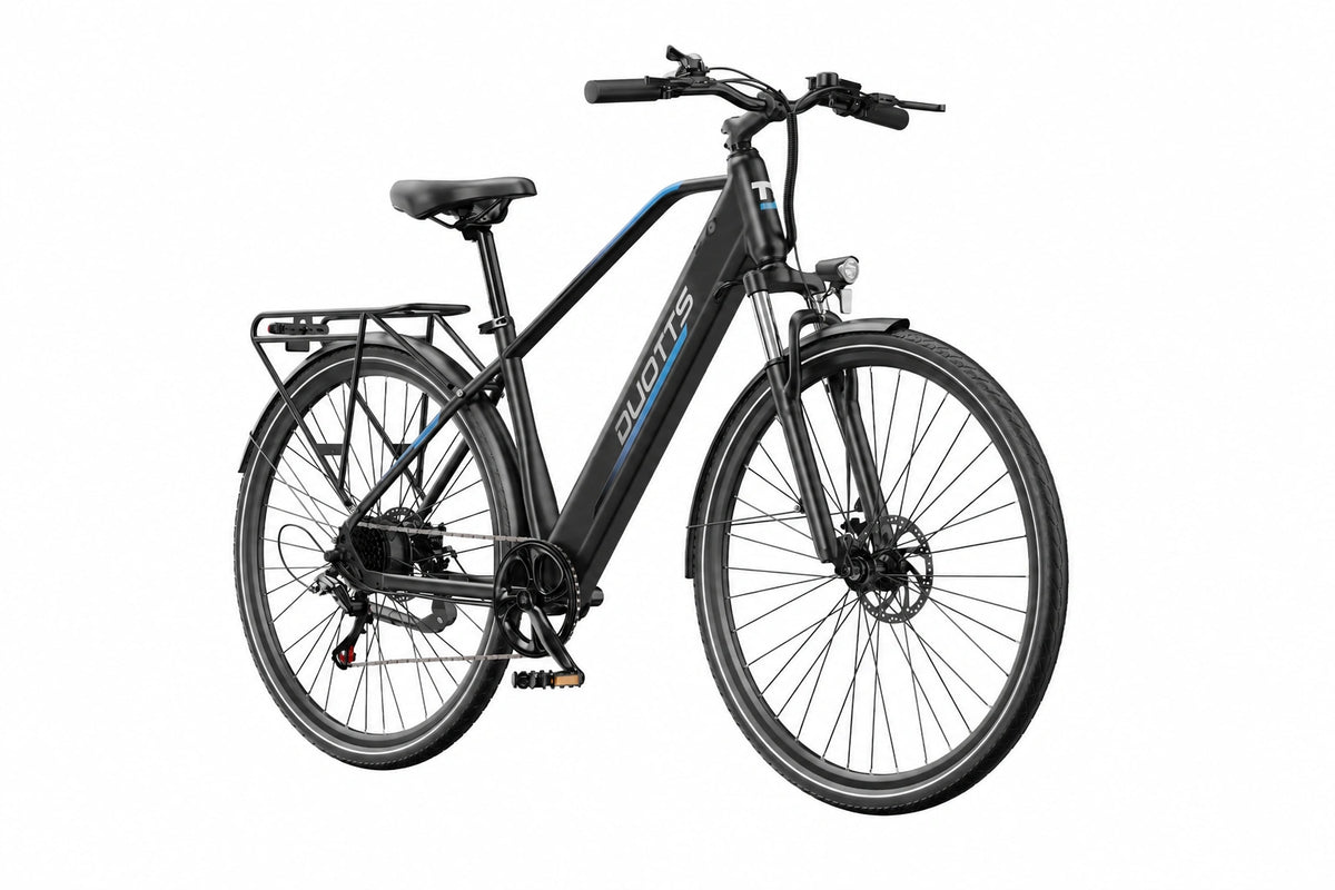 Black and blue DUOTTS C29 Lite electric bike with rear rack and mudguards, three-quarter view on a white background