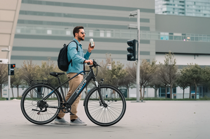 DUOTTS C29 Lite black-and-blue electric bike with 27.5-inch wheels, shown beside its rider