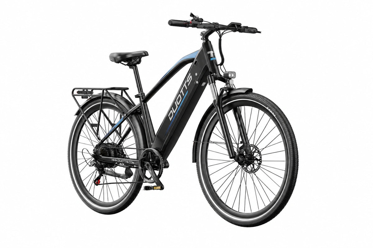 Black and blue DUOTTS C29 Max electric bike with rear rack and mudguards, three-quarter view on a white background