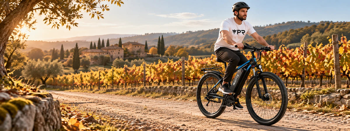 A helmeted rider wearing a white Punk Ride logo T-shirt rides the DUOTTS C29 Electric Bike with Single Battery in an autumn setting. Desktop collection banner.