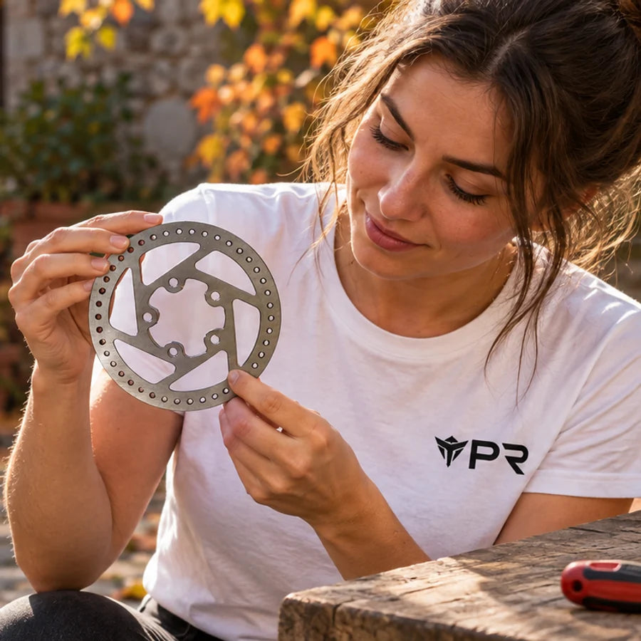 Woman in a white Punk Ride T-shirt inspecting a silver M365 scooter brake rotor on an autumn courtyard.