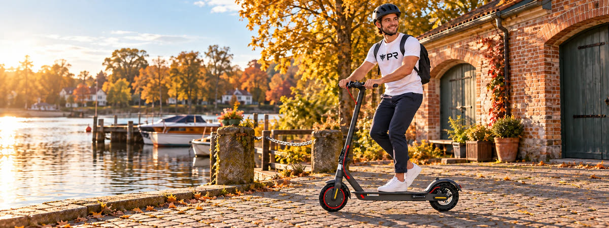 Helmeted rider wearing a white Punk Ride T-shirt, riding the AOVOPRO ES80 Scooter in an autumn setting.