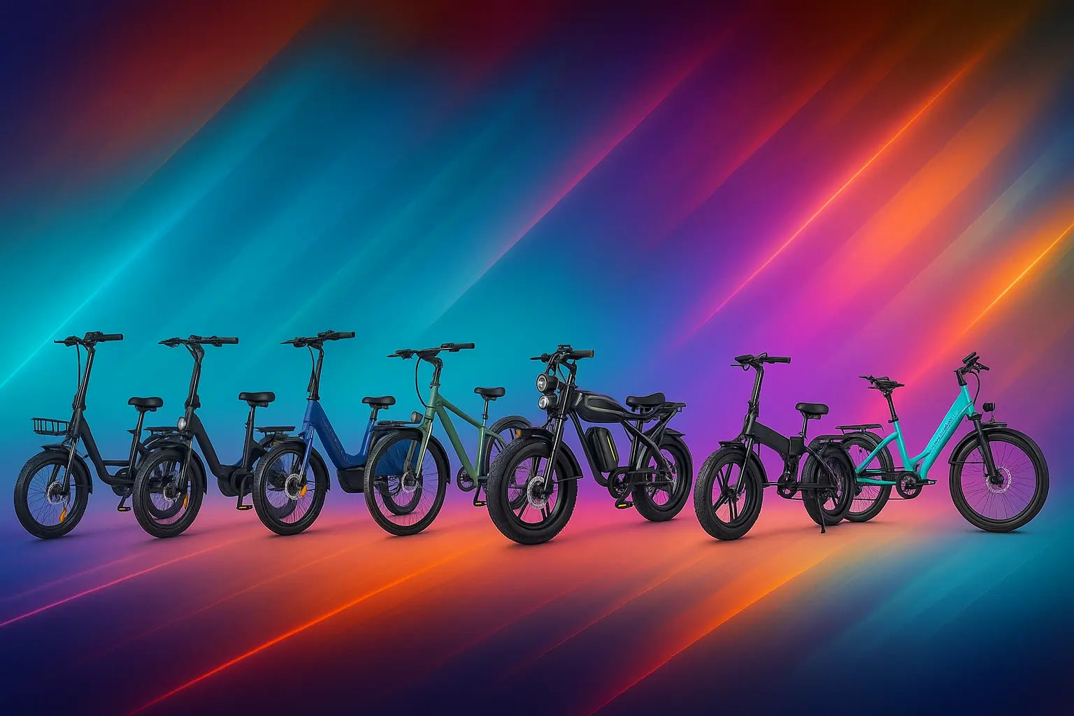 A selection of electric bikes on a colorful background