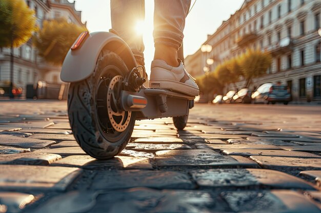 Person riding an electric scooter on a city street with buildings and cars in the background.