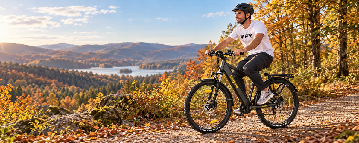 A helmeted rider wearing a white Punk Ride logo T-shirt rides the ELEGLIDE T1 Mountain Electric Bike in an autumn setting. Desktop collection banner.