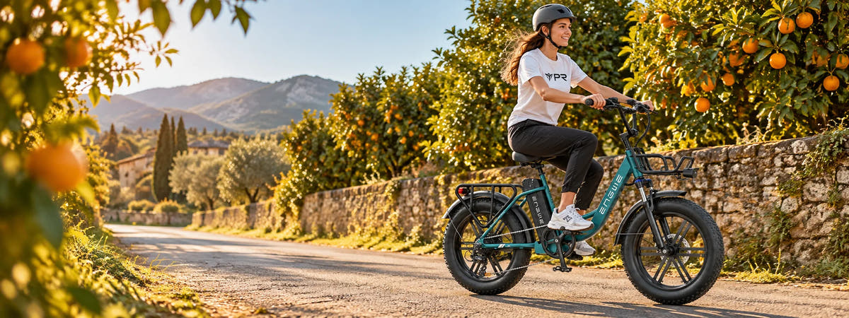 A helmeted rider wearing a white Punk Ride logo T-shirt rides the ENGWE L20 Boost Step‑Thru Electric Bike in an autumn setting. Desktop collection banner.