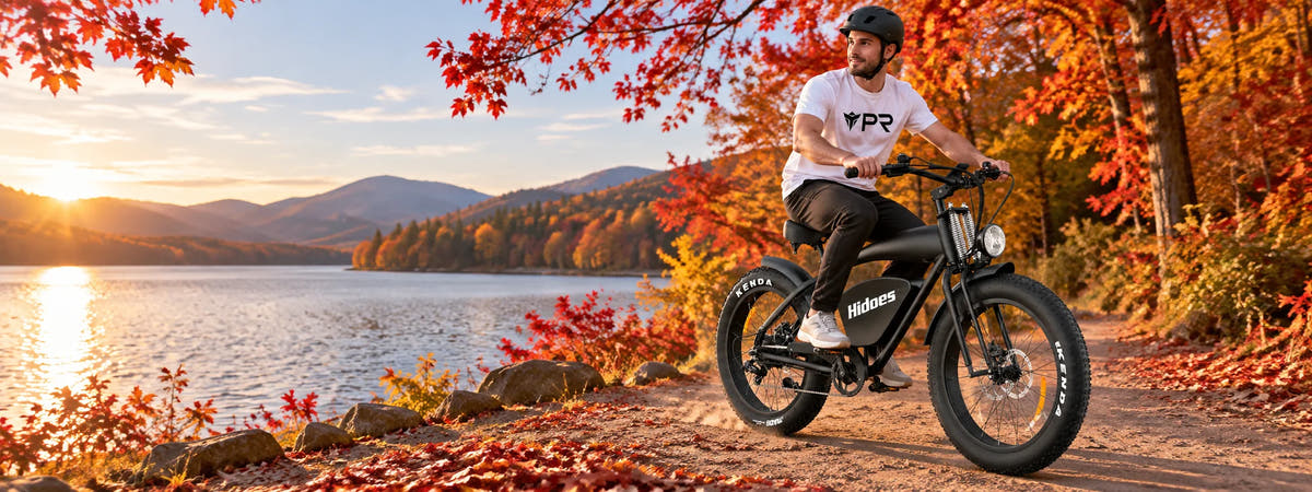 A helmeted rider wearing a white Punk Ride logo T-shirt rides the HIDOES B3 Electric Bike in an autumn setting. Desktop collection banner.
