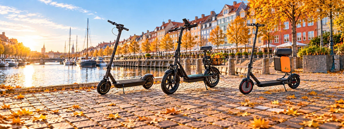 Three black electric scooters with rear cargo boxes are parked on a cobblestone waterfront promenade in autumn, with yellow leaves scattered on the ground and colorful buildings along the canal in the background.