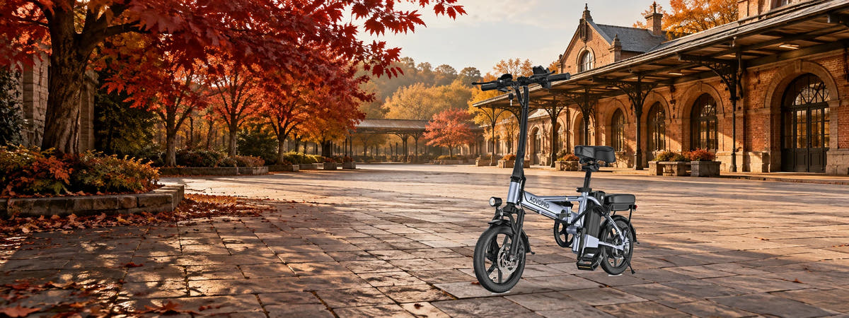 AOVOPRO EB60 Electric Bike in an autumn setting for Folding Electric Bikes