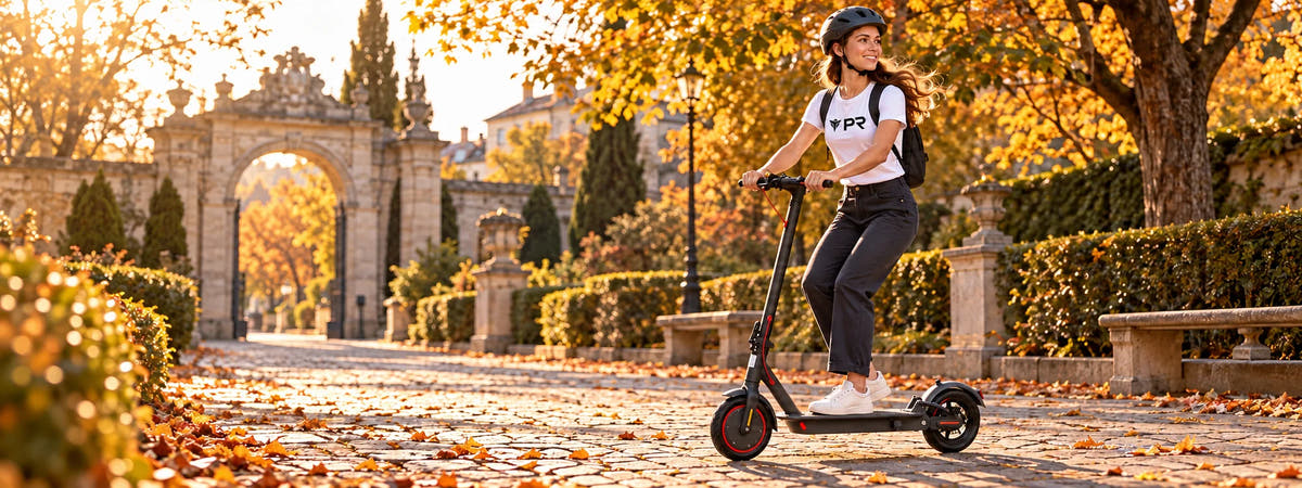 Helmeted rider wearing a white Punk Ride T-shirt, riding the AOVOPRO AP07 Scooter in an autumn setting.