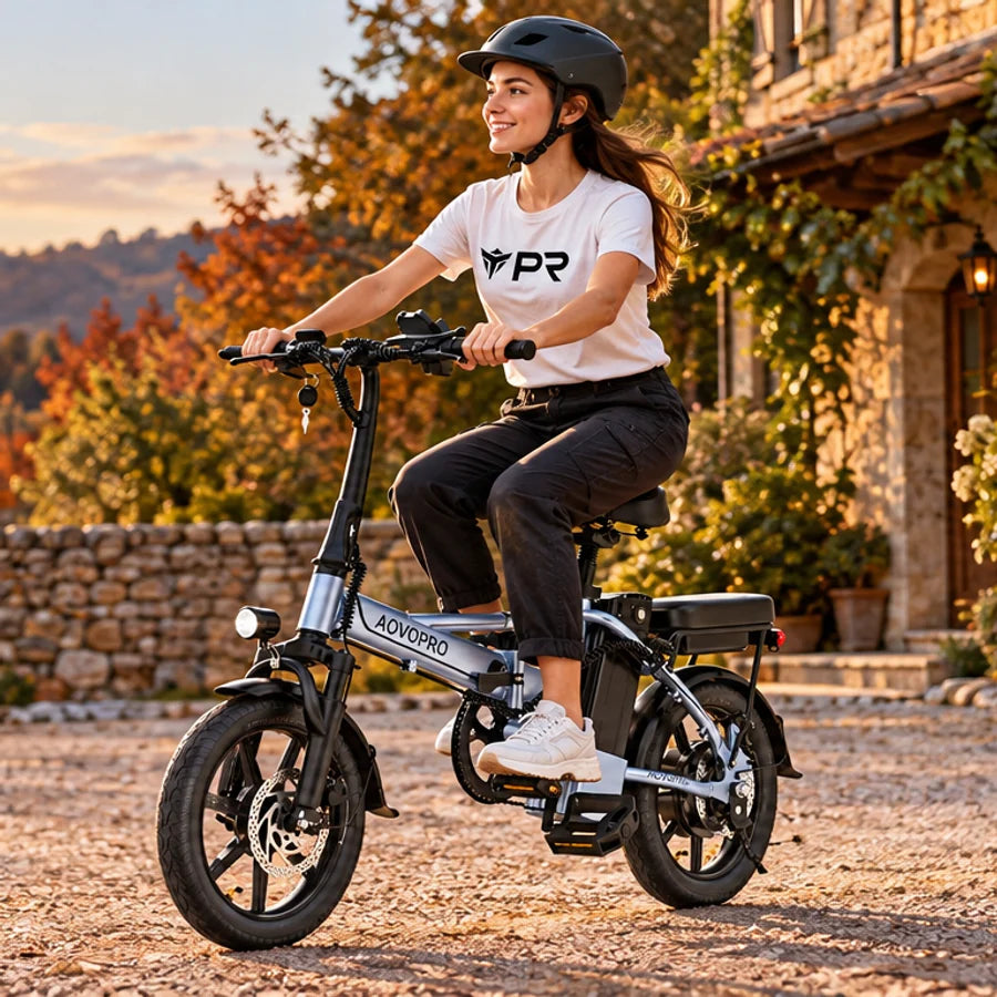 A helmeted rider wearing a white Punk Ride logo T-shirt rides the AOVOPRO EB60 Electric Bike in an autumn setting. Mobile collection banner.