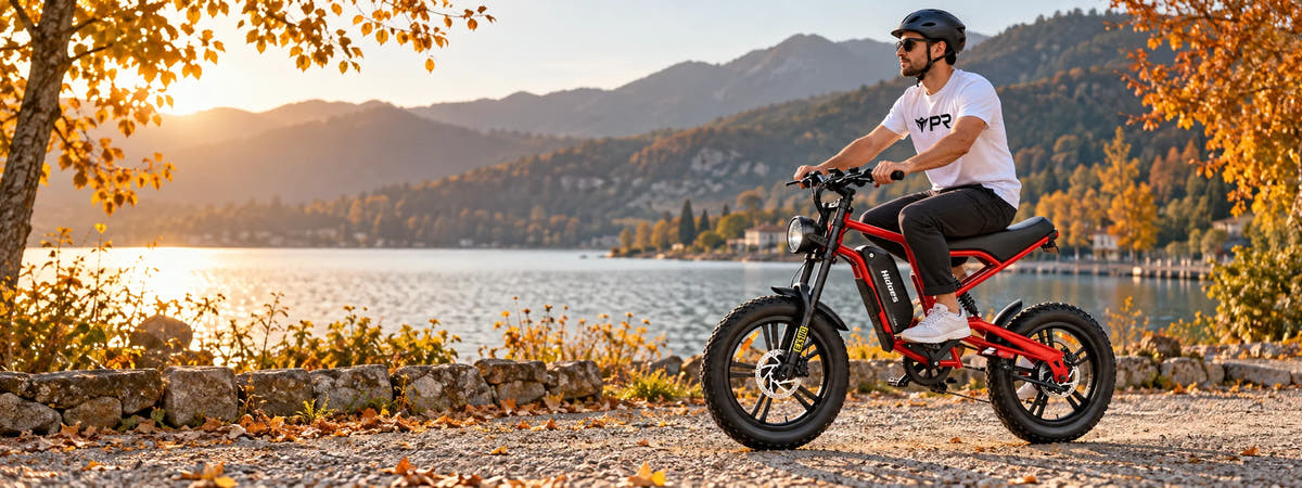 A helmeted rider wearing a white Punk Ride logo T-shirt rides the HIDOES B6 Electric Bike in an autumn setting. Desktop collection banner.