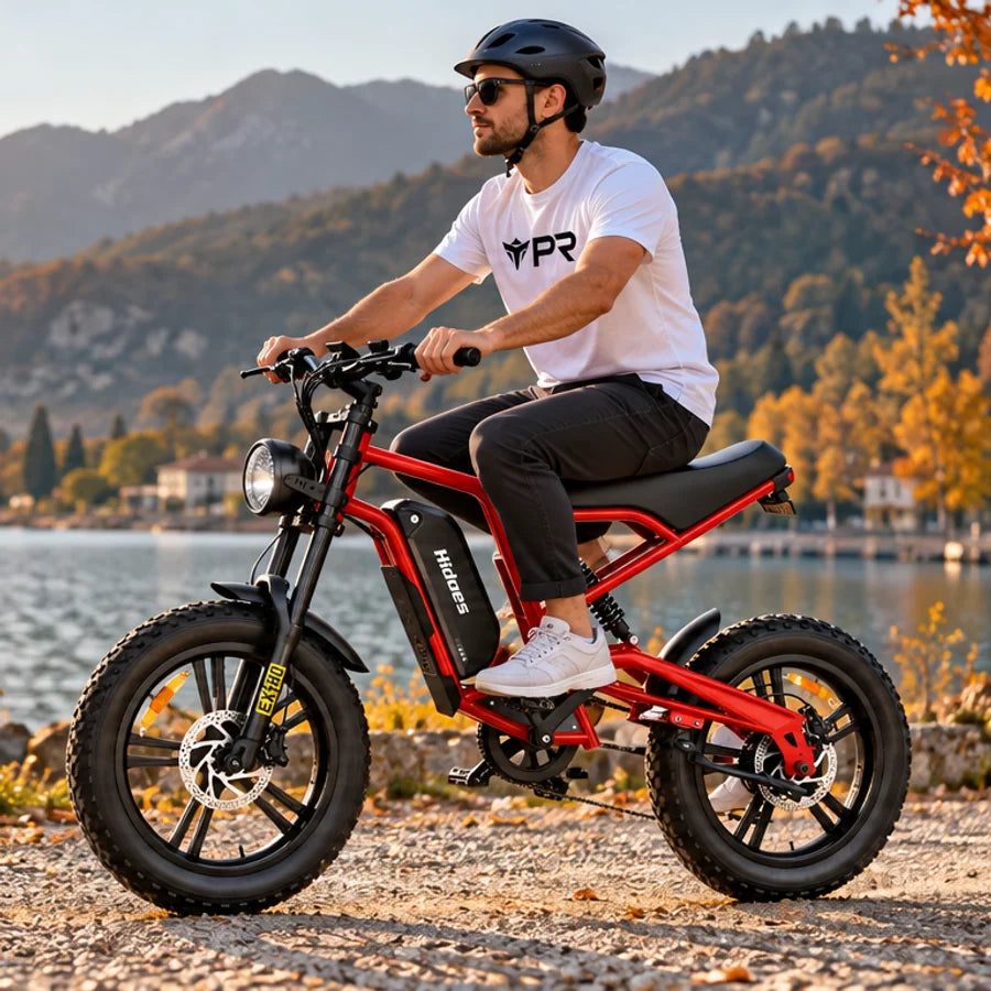 A helmeted rider wearing a white Punk Ride logo T-shirt rides the HIDOES B6 Electric Bike in an autumn setting. Mobile collection banner.