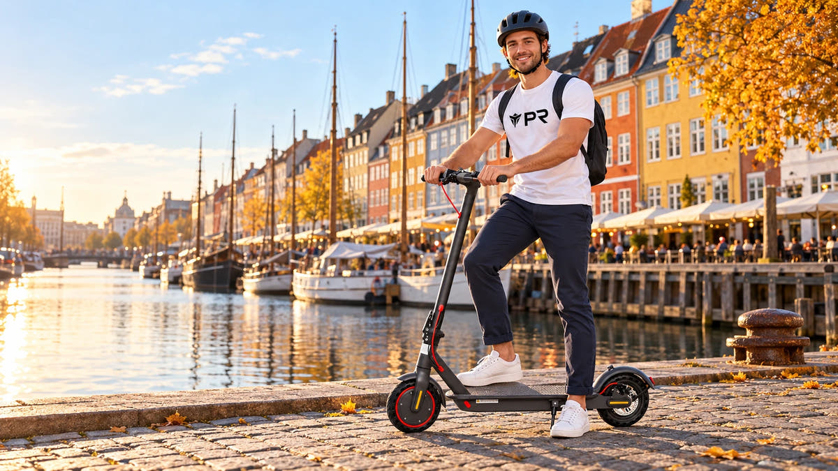 A man wearing a black helmet and a white t-shirt with a black logo stands on a black electric scooter with red accents, positioned on a cobblestone canal-side path with a scenic background of colorful buildings and autumn trees.