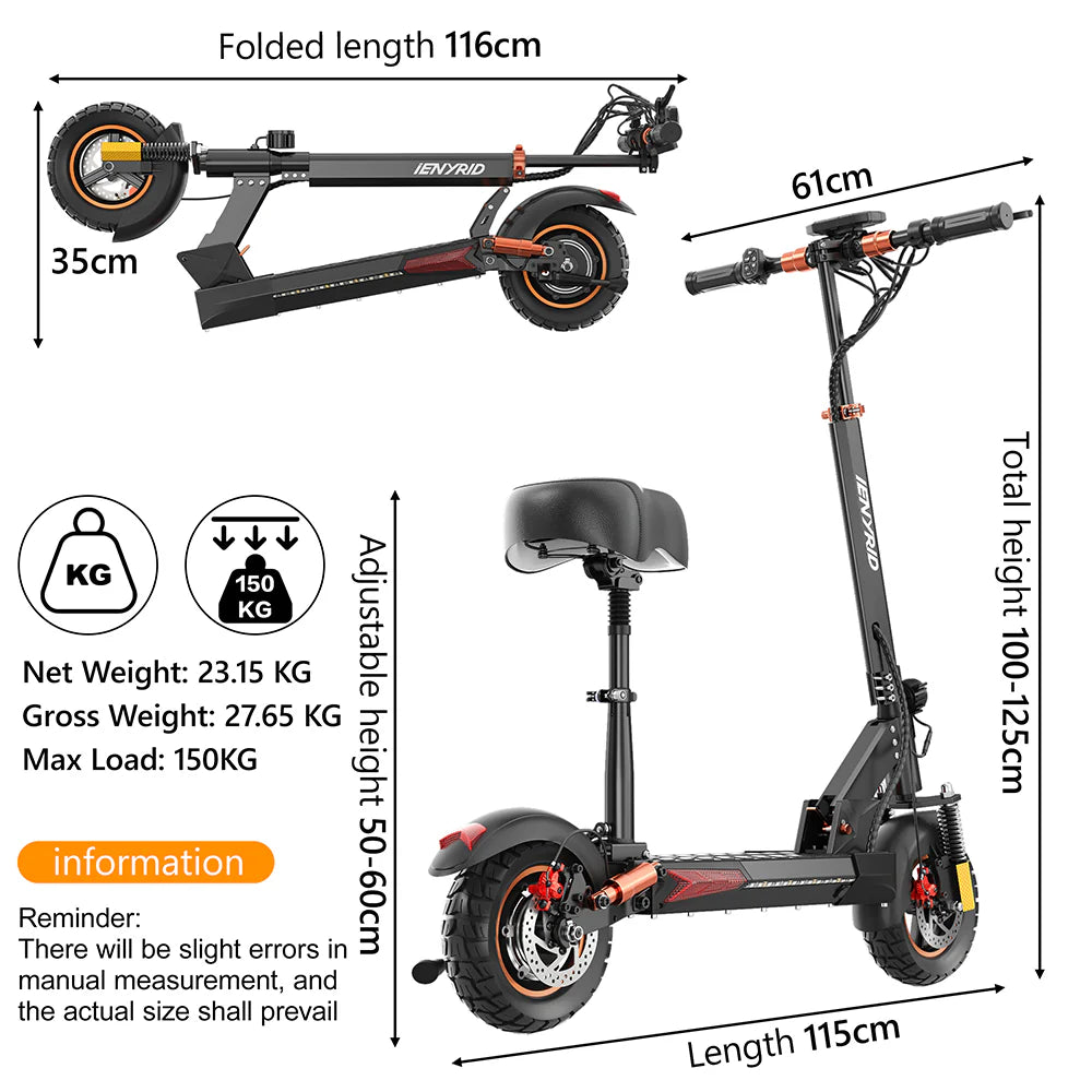 iENYRID M4 PRO S+ Electric Scooter: 800W motor, 45 km/h speed, 35 km range, pneumatic dirt tires, disc brakes, and LED lighting for ultimate performance.