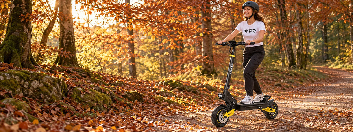 A helmeted rider wearing a white Punk Ride logo T-shirt rides the iENYRID ES1 Electric Scooter in an autumn setting. Desktop collection banner.