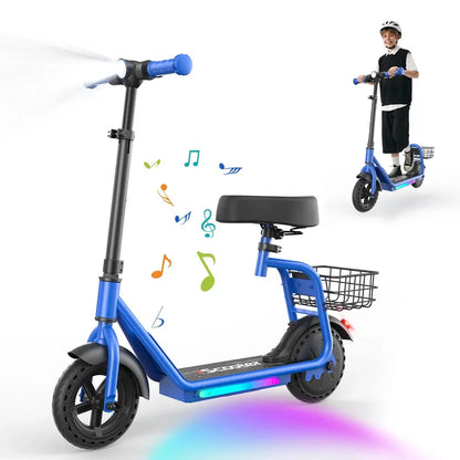iScooter iK7 Blue seated electric scooter with rear basket and deck lighting