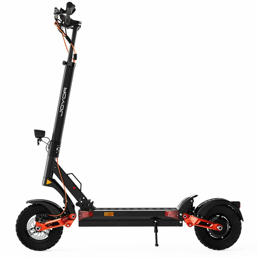 JOYOR T6 electric scooter in black with orange suspension arms, left-side view