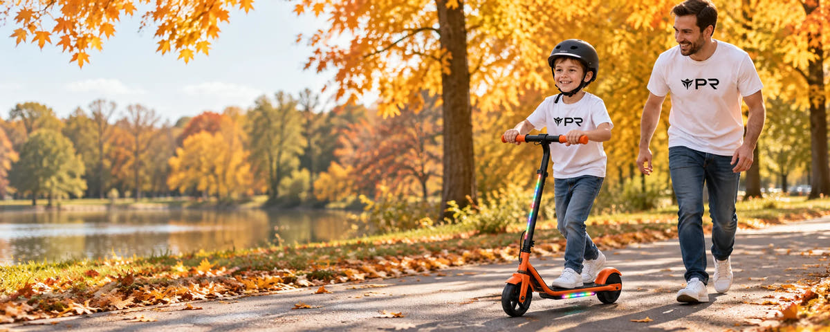 A helmeted child rides an orange iScooter K2 Pro beside an adult in white Punk Ride logo T-shirts on an autumn lakeside path.