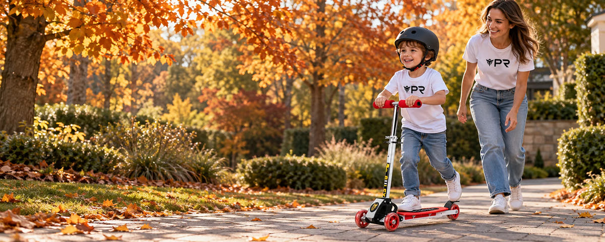 A helmeted child uses a red three-wheel balance scooter beside an adult in white Punk Ride logo T-shirts on an autumn garden path.