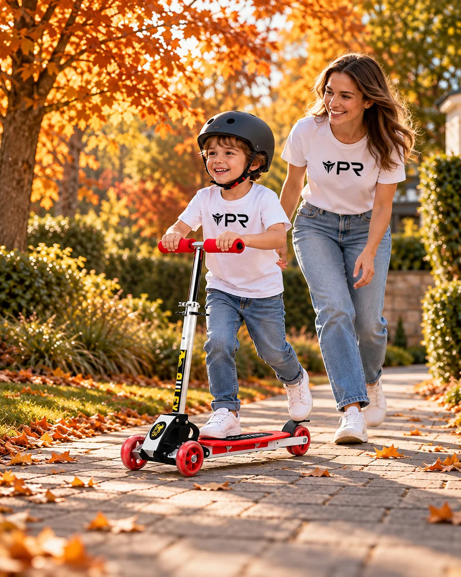A helmeted child uses a red three-wheel balance scooter beside an adult in white Punk Ride logo T-shirts on an autumn garden path.