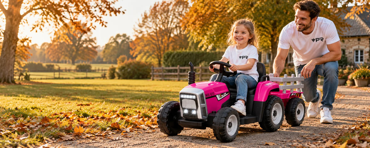 A child uses a pink ride-on tractor with a trailer beside an adult in white Punk Ride logo T-shirts on an autumn farm path.
