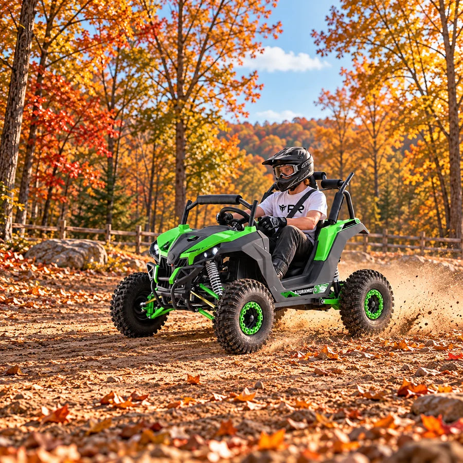 A helmeted rider wearing a white Punk Ride logo T-shirt rides the MotoTec Raider Kids UTV 48V 1200W Full Suspension in an autumn setting. Mobile collection banner.