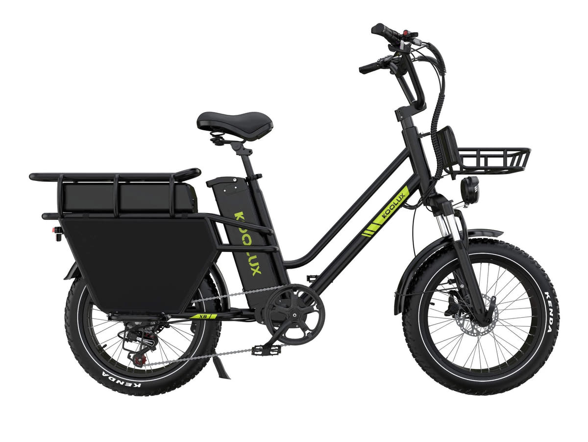 Black KOOLUX X8 dual-battery electric bike, complete side view showing front basket and long rear rack